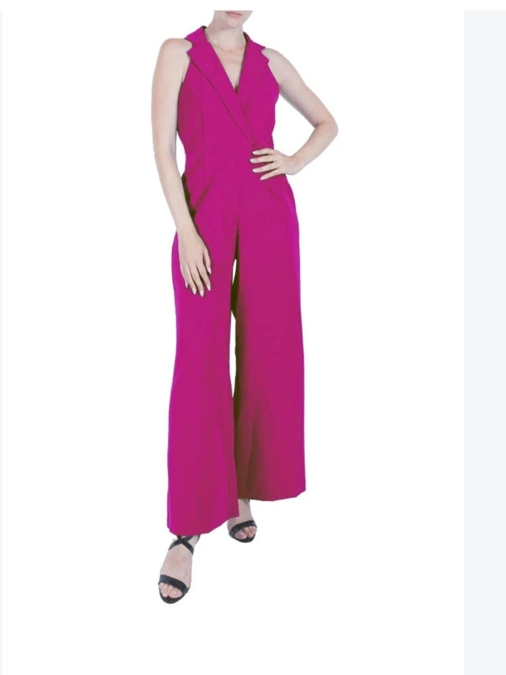 Julia Jordan Fuchsia V-Neck Sleeveless Wide-Leg Jumpsuit Pockets SZ 16